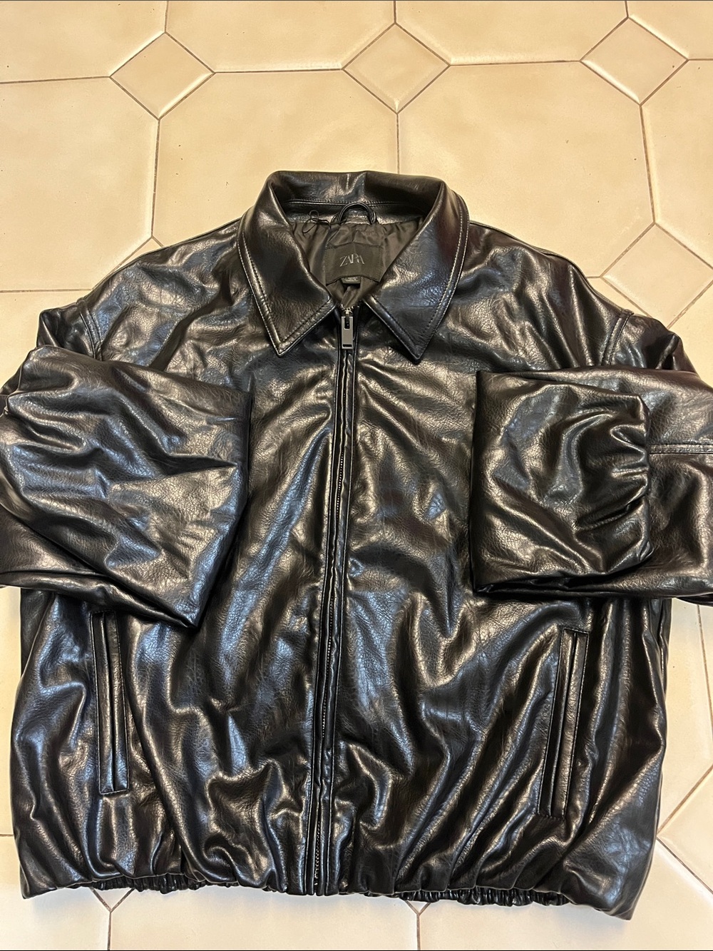 Zara Black Faux Leather Bomber Jacket size L